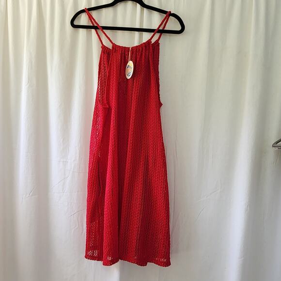 C&C California Cover-Up crochet Mini Dress Swimwear Size M NWT red pockets sheer - Picture 9 of 12